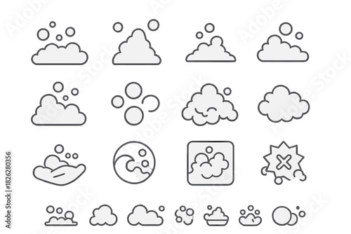 Set of outline icons showing various shapes of soap suds and washing bubbles