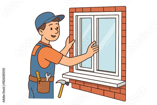 Skilled repairman installing a new double pane window into a red brick wall opening