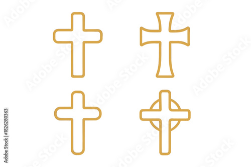 Four outline crosses representing various religious symbols of Christianity and faith
