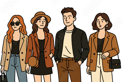 Stylish young adults posing together in modern casual fashion outfits for the season