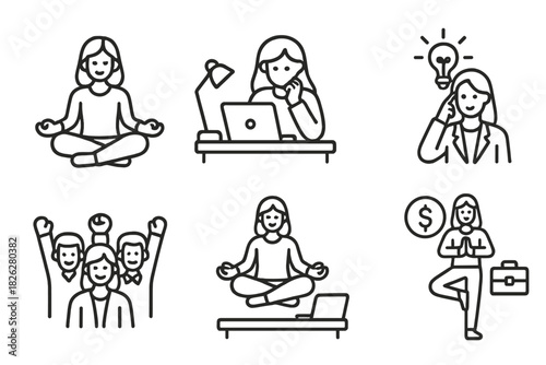 Businesswoman productivity success concepts: meditation, teamwork, ideas, and finance management