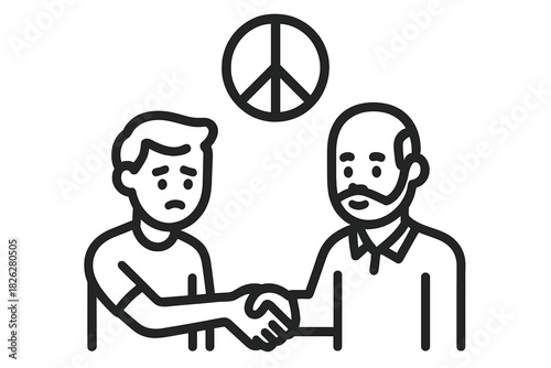 Two men shaking hands under a peace sign symbolizing agreement and reconciliation