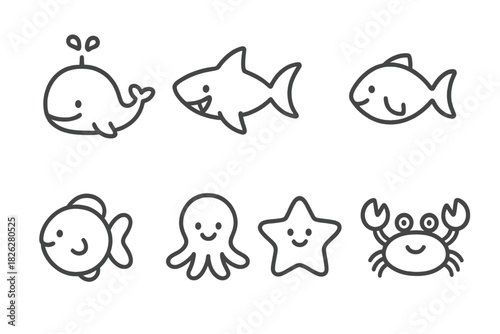 Smiling sea animals outline icon set whale shark crab octopus starfish