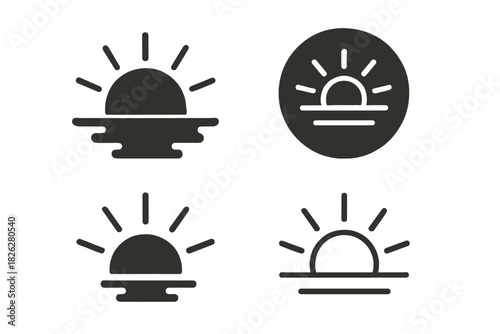 Four simple black and white icons showing the sun rising or setting over the horizon line