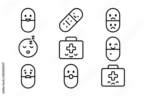 Minimalist black and white line icons representing medical concepts and emotional states