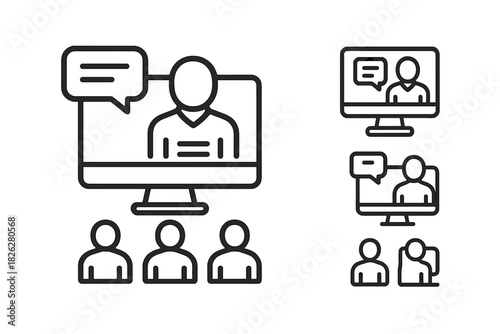 Line icons set for online video conference, webinar, and remote communication