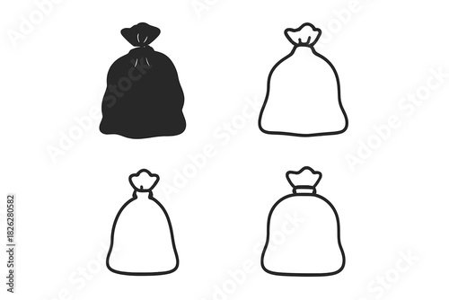Set of simple outline and filled symbols showing various styles of tied garbage bags