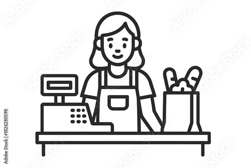 Friendly female cashier working at the supermarket checkout counter with a cash register and shopping bag