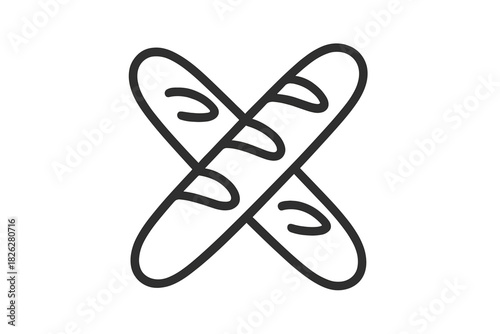 Minimalist black outline of two long crusty French baguettes crossed