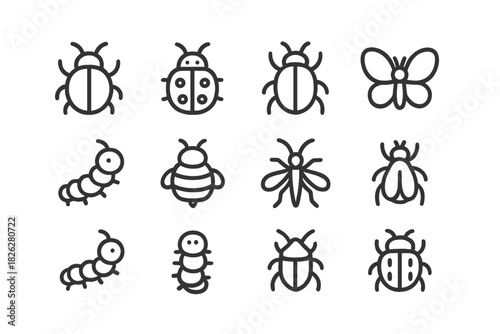 Twelve outline icons of small creatures like ladybugs, caterpillars, butterflies, and other bugs