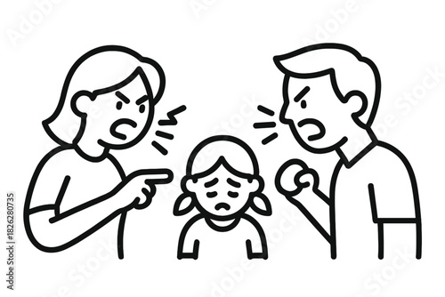 Family dispute with angry parents yelling and pointing fingers at their distressed daughter