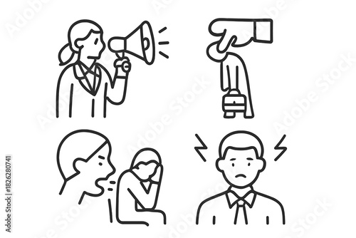 Workplace conflict, bullying, and harassment showing shouting, dismissal, and stress
