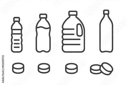 Set of different plastic water and beverage bottles with matching caps in line art