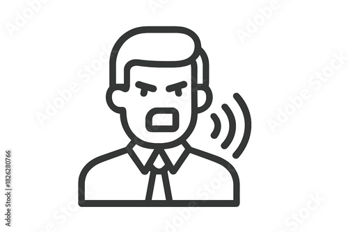 Minimalist line art of a person shouting loudly symbolizing public announcement or intense communication