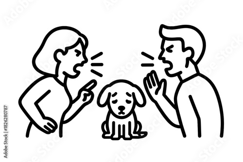 Emotional distress for a sad dog caught between two arguing people during domestic conflict