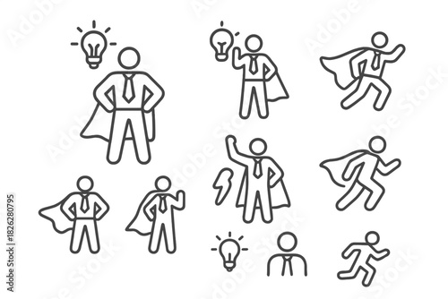 Set of business superhero figures symbolizing success, leadership, and innovative ideas
