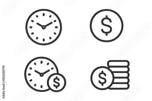 Minimalist line icons for financial management, time is money, savings, clocks, and currency