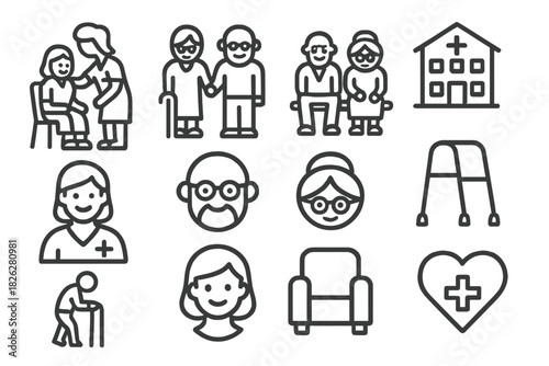 Elderly people, caregivers, medical facilities, and senior assistance equipment