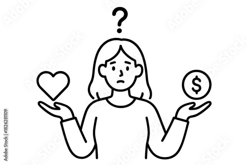 Confused woman choosing between love and money symbolized by a heart and dollar sign