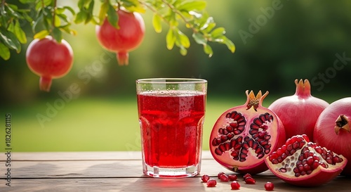 Fresh pomegranate juice and ripe pomegranates on a wooden table