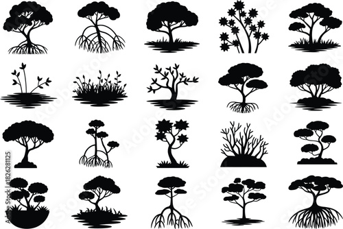 Silhouette Bonsai Tree and Shrub Icons Set. Small Trees, Decorative Plants, Bonsai Vector Illustration