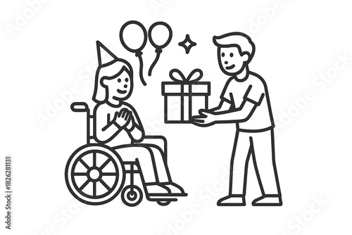 Happy woman in a wheelchair receiving a birthday gift from a friend during a celebration party