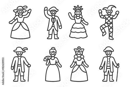 Masked people in traditional Venetian carnival and historical masquerade costumes