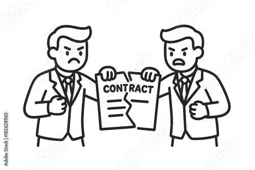 Angry business partners tearing a contract document symbolizing agreement termination