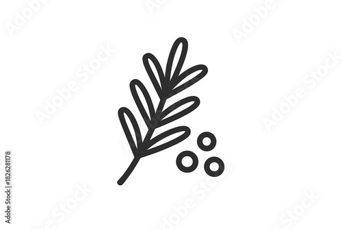 Stylized linear drawing of an aromatic herb sprig and three small round berries