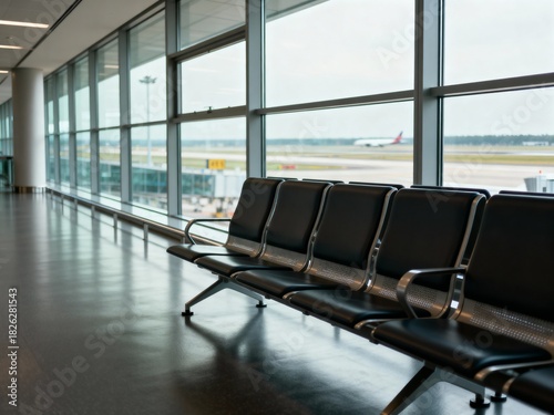 Empty Airport Gate Waiting Area with Window View of Tarmac and Airplane