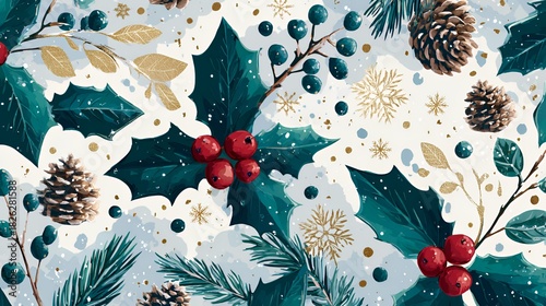Winter Holly & Pine: Festive Botanical Pattern with Gold Accents