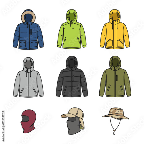 Outdoor winter clothing and headwear colorful line icons