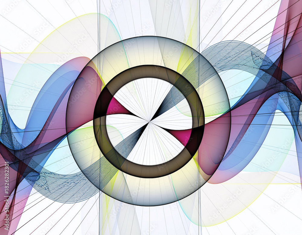 Obraz premium Abstract background with intersecting waves and a central circular element. A colorful and intricate design ideal for technology, science, and futuristic projects.