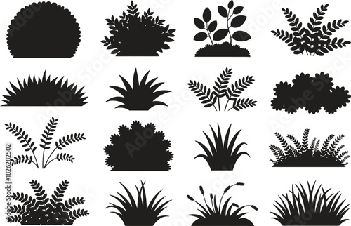 Silhouette Plant and Shrub Icons Set. Leaves, Shrubs, Greenery, Decorative Plants Vector Illustration