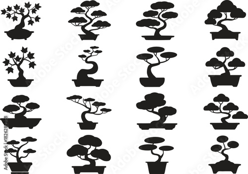 Silhouette Bonsai Tree Icons Set. Small Trees, Indoor Plants, Decorative Tree Vector Illustration