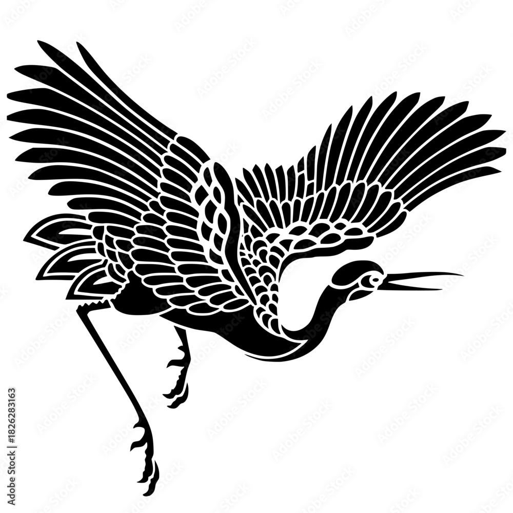 Obraz premium Elegant black flying crane in traditional Japanese Mon or Kamon style.