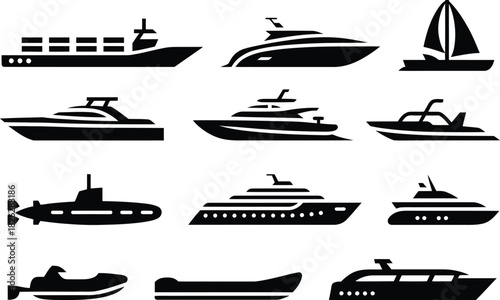 Silhouette Boat and Ship Icons Set. Yacht, Sailboat, Submarine, Marine Vector Illustration