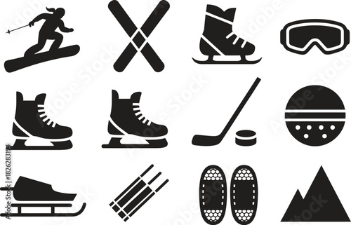 Silhouette Winter Sports Icons Set. Skiing, Snowboarding, Ice Skating, Snow Sports Vector Illustration