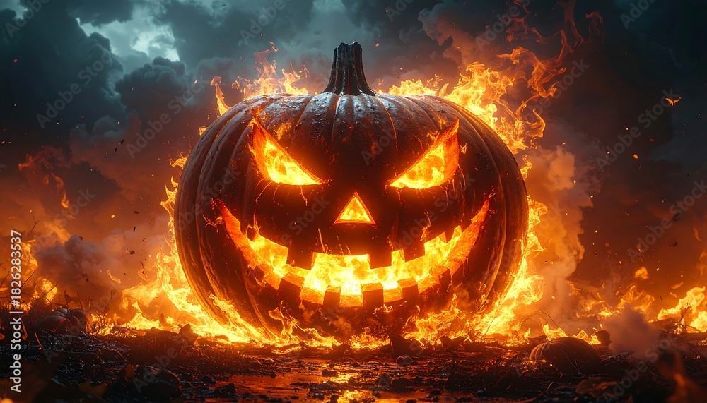 Fototapeta premium A sinister, glowing jack-o'-lantern ablaze amidst a stormy, dark landscape, exuding a fiery, ominous aura