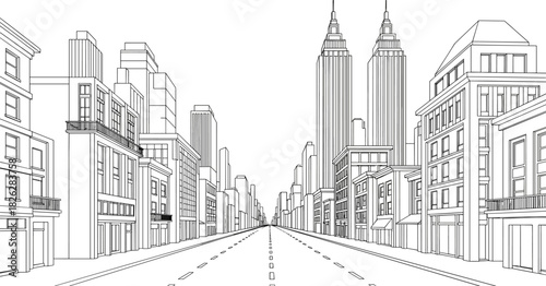 Urban city street perspective view with skyscrapers, modern commercial buildings, and empty road, creating a detailed black and white architectural line art drawing.