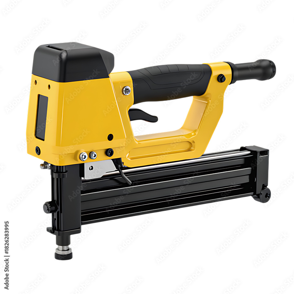 Fototapeta premium Yellow and black pneumatic staple gun isolated on transparent background, a powerful tool for construction and woodworking