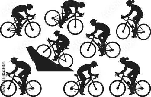 Silhouette Cycling and Sports Icons Set. Bicycle, Biker, Cycling Sports, Outdoors Vector Illustration