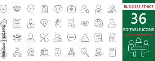 36 Editable Business Ethics vector line icons. Essential for integrity, justice, corporate governance, compliance, law, and agreement design