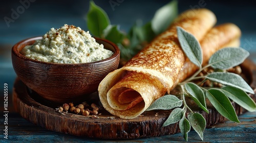 Fototapeta Naklejka Na Ścianę i Meble -  A wooden bowl of creamy dip is served alongside a delicious crepe roll, garnished with sage and pepper, perfect for a tasty breakfast or brunch