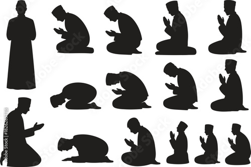 Silhouette Prayer and Worship Icons Set. Islamic Worship, Prayers, Devotion, Religious Vector Illustration