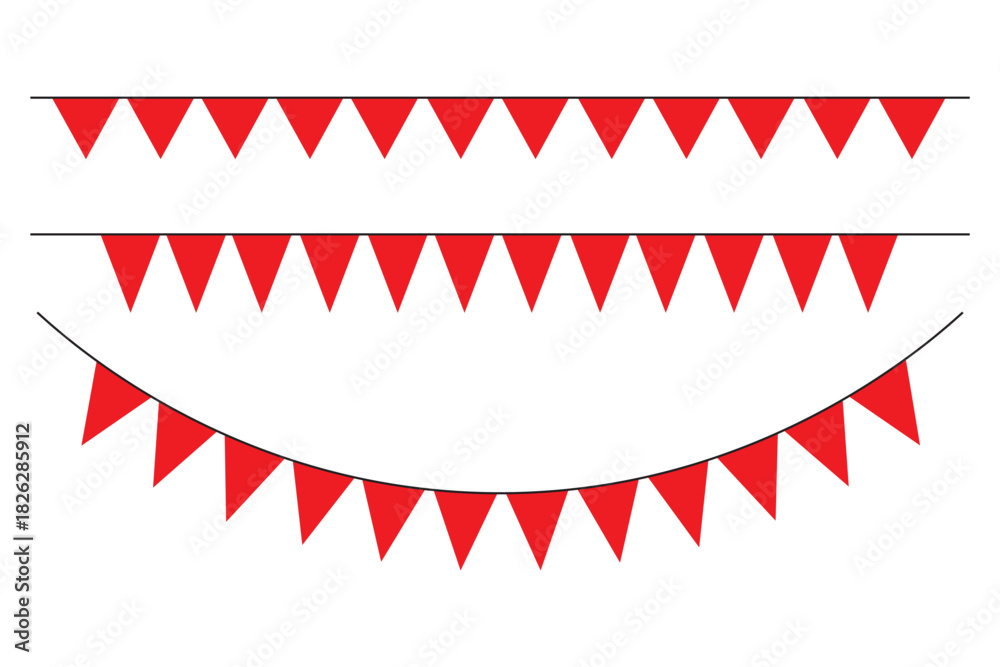 Fototapeta premium Bunting flag decoration party hanging on rope. Red triangle flags. Red triangle flags hanging on white background. Christmas or birthday, Party decoration. 
