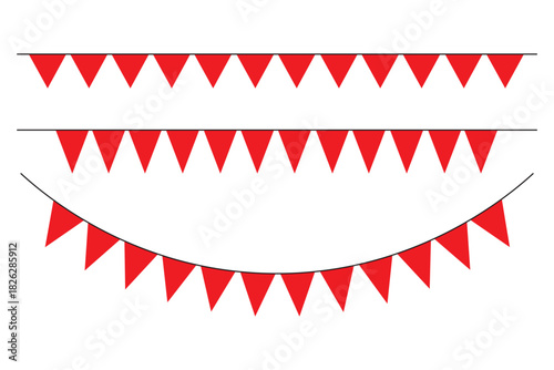 Bunting flag decoration party hanging on rope. Red triangle flags. Red triangle flags hanging on white background. Christmas or birthday, Party decoration. 
