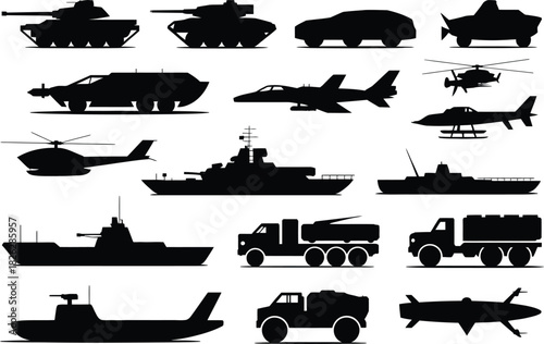 Silhouette Military Vehicles and Defense Icons Set. Tanks, Helicopters, Ships, Military Equipment Vector Illustration
