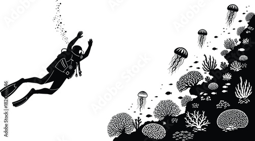 Vector silhouette illustration of a scuba diver exploring a vibrant coral reef teeming with jellyfish and small fish, symbolizing underwater adventure, marine life, and ocean discovery.
