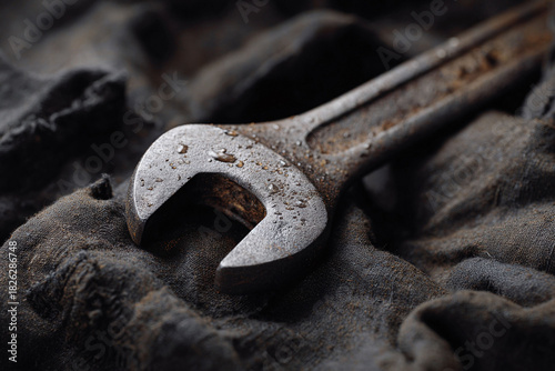 Worn wrench resting on textured fabric, droplets accentuating its form. Evokes themes of repair, industry, and craftsmanship. Ideal for engineering, DIY, or labor visuals.